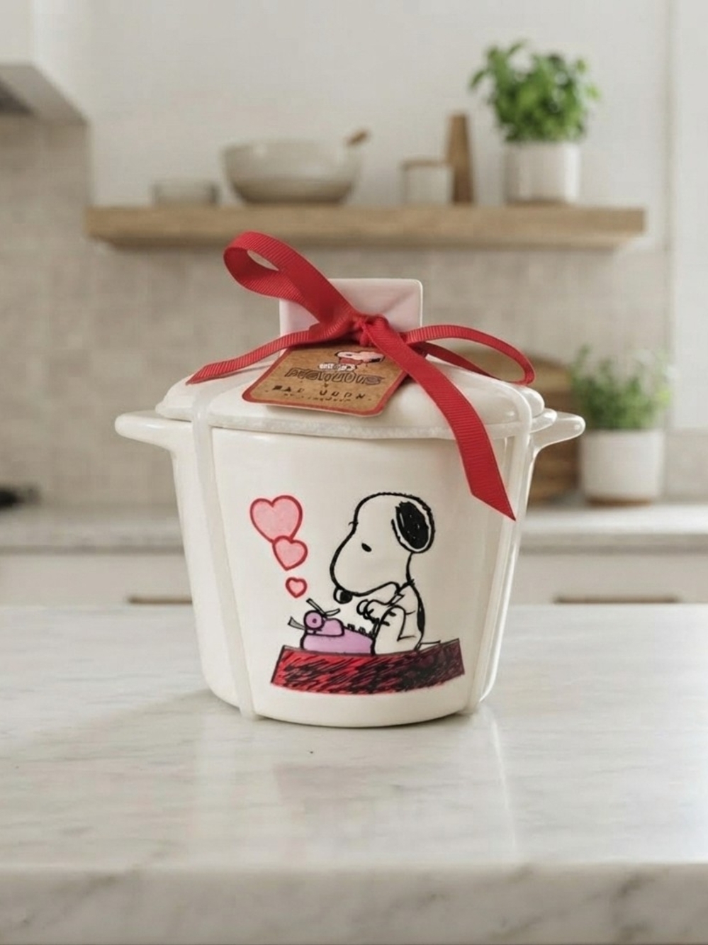 NWT Rae Dunn X Peanuts Snoopy Love Red Ribbon Ceramic Casserole Baking Dish